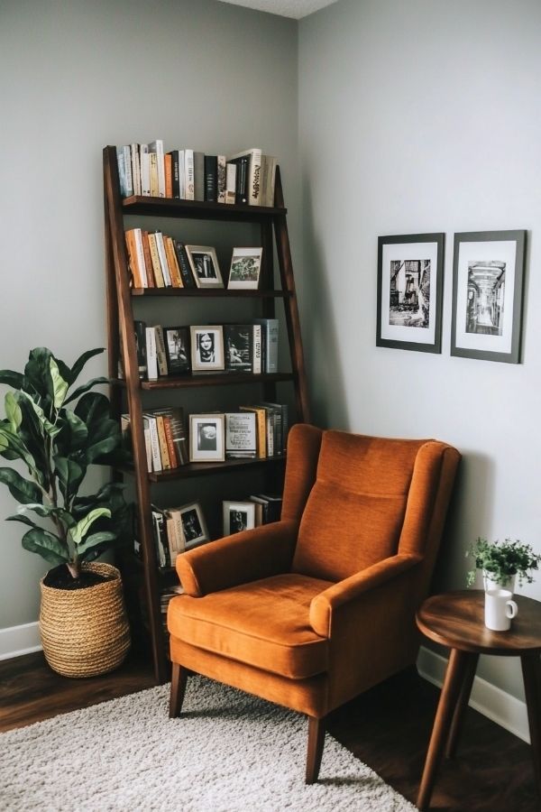 Cozy home library with a wooden ladder bookshelf and a burnt orange accent chair.