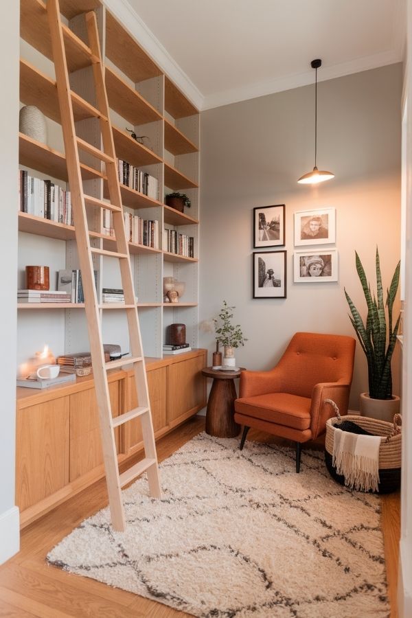 Japandi home library with light oak bookshelves, a wooden ladder, and an orange accent chair.
