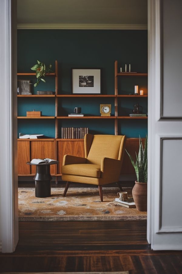 Mid-century modern home library with a teal accent wall and a mustard yellow lounge chair.
