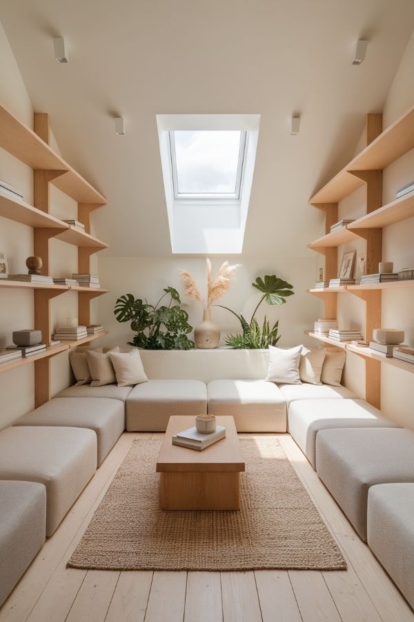 Minimalist attic home library with a skylight and a modular white sofa for a clean, airy feel.