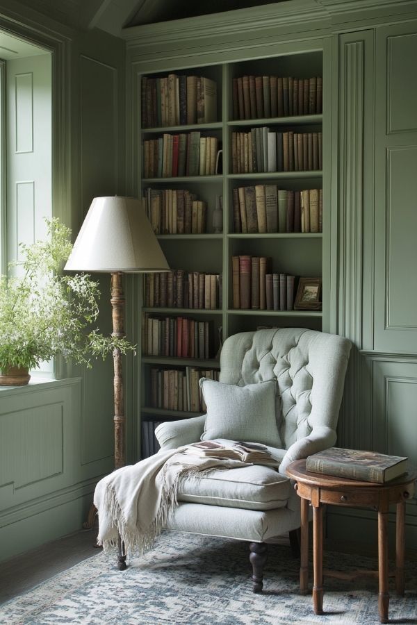 Cozy home library nook with a muted green tufted armchair and a warm floor lamp.