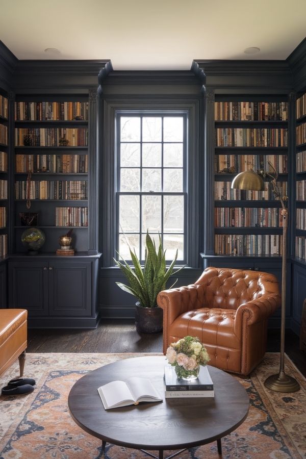 Home library with a navy blue leather tufted armchair and warm, ambient lighting.