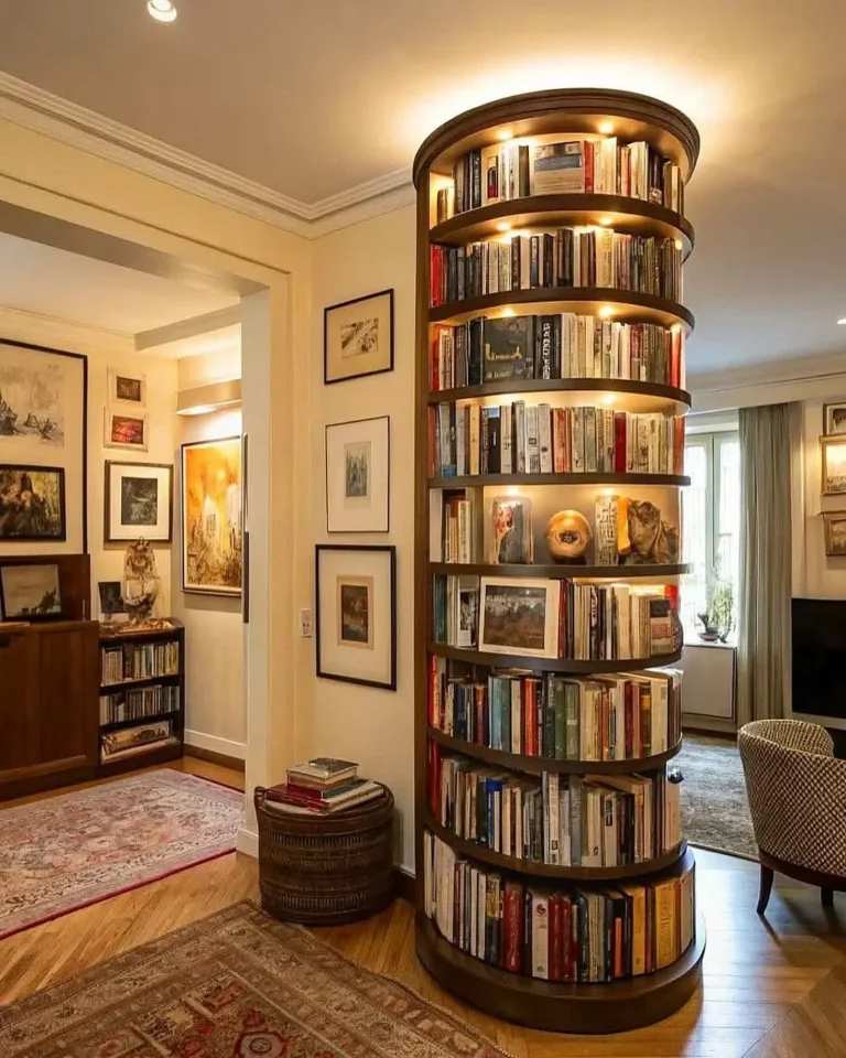 Modern home library with a revolving circular pillar bookshelf for efficient storage.