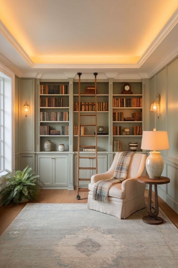Home library with sage green built-in shelves and a rolling wooden ladder for easy access.