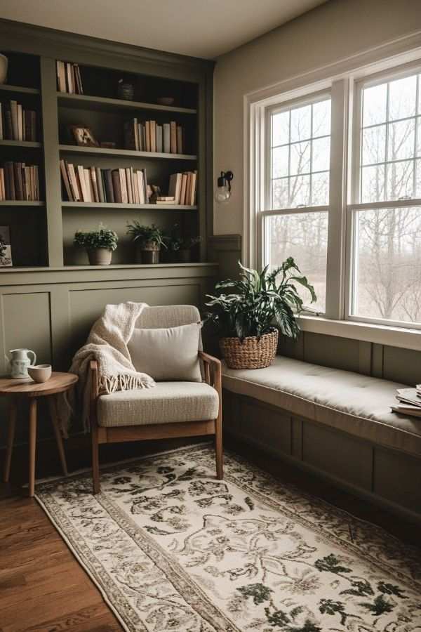 Home library with sage green wainscoting and a window bench for a classic, cozy feel.