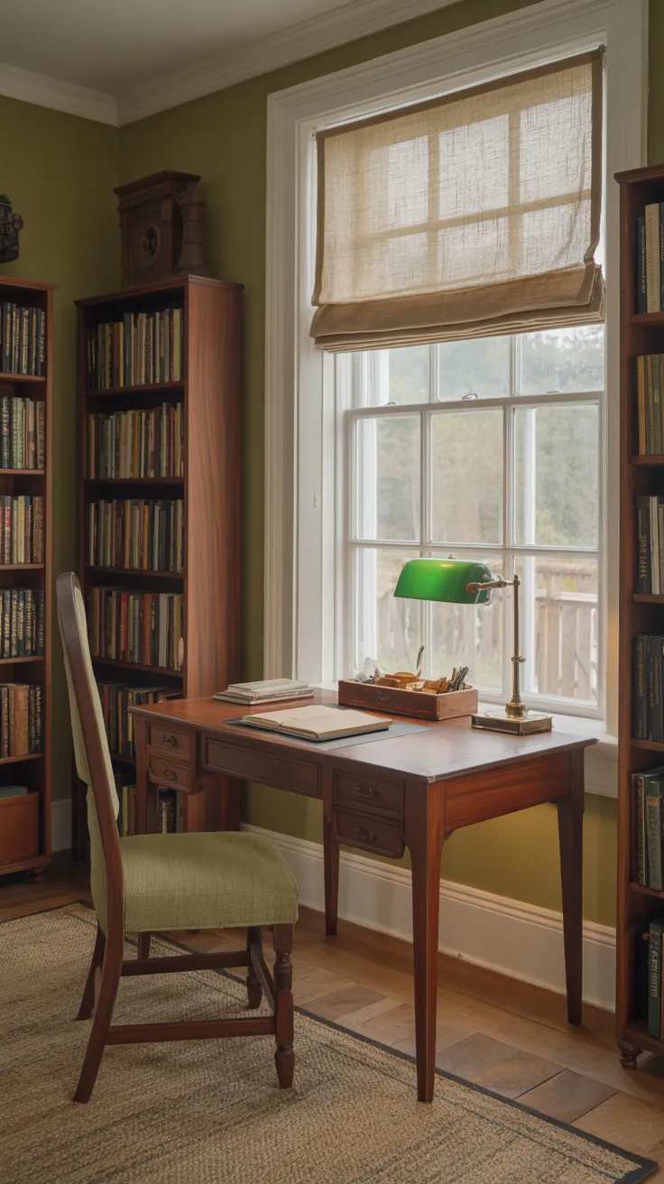 Home library study desk with a bankers lamp and a view of the window for a focused reading spot.