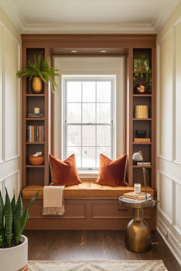 Home library with a terracotta window seat and warm, natural lighting for a cozy, earthy feel.