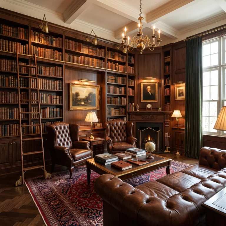 Traditional home library with a mahogany fireplace and a chandelier for a grand, formal feel.