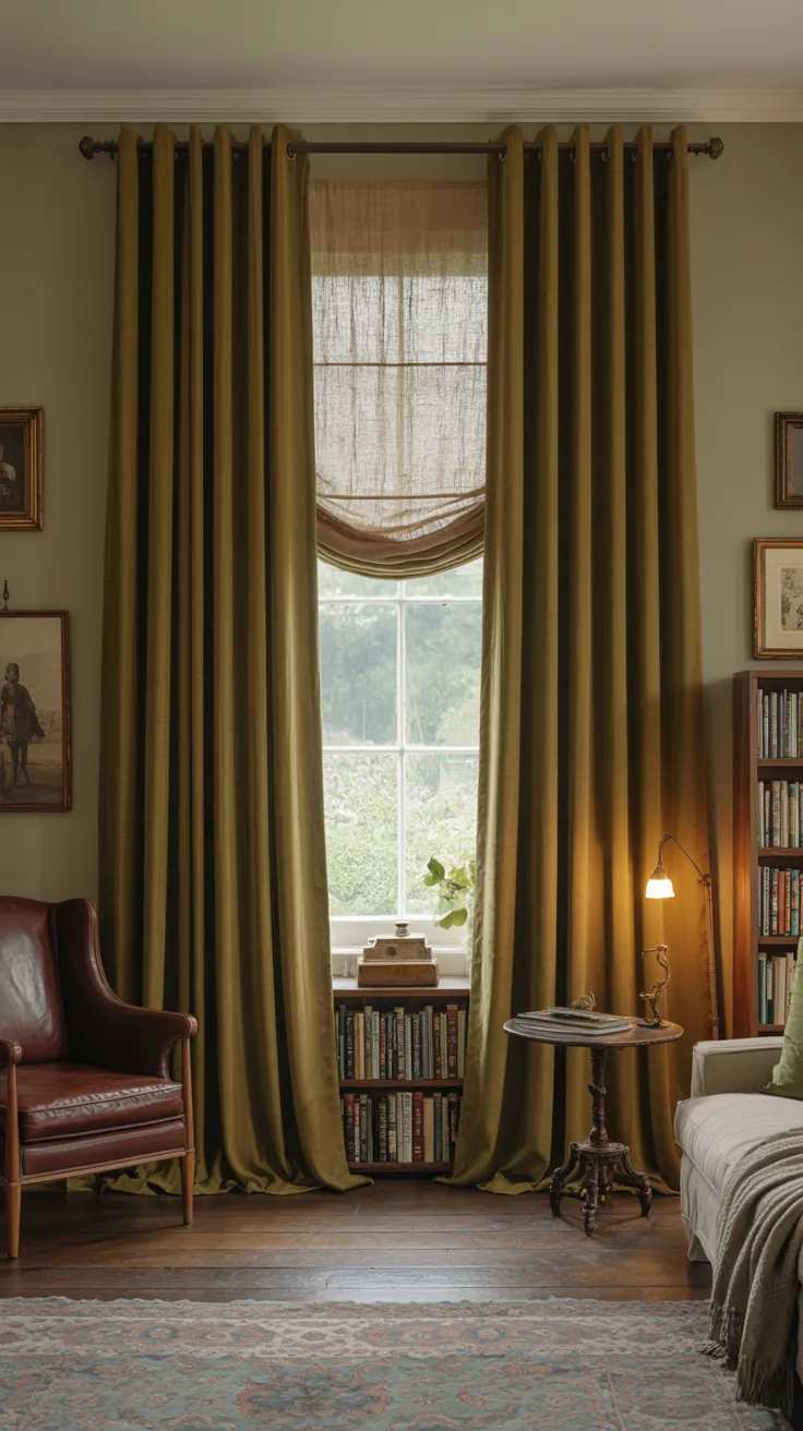 Home library with window curtains and a leather wingback chair for a classic, cozy feel.