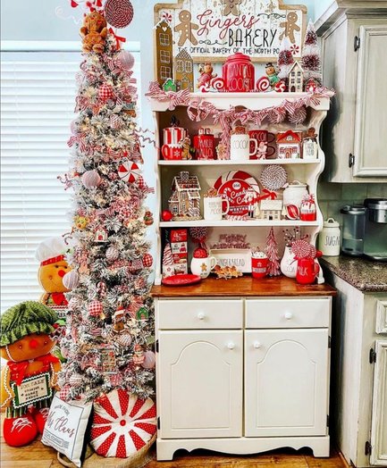 Dedicated counter space with cocoa, toppings, and mugs arranged for a hot cocoa station.