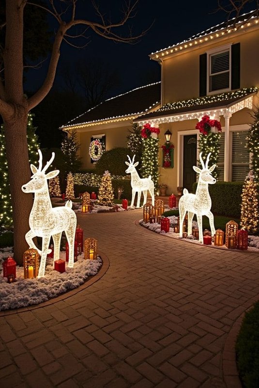 Garden pathway lined with lit rattan reindeer sculptures, warm LED lights, winter evergreen border.
