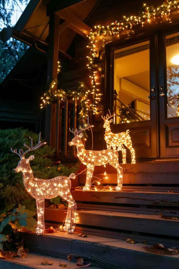 Front porch steps featuring illuminated reindeer figurines, soft white lights, wood texture