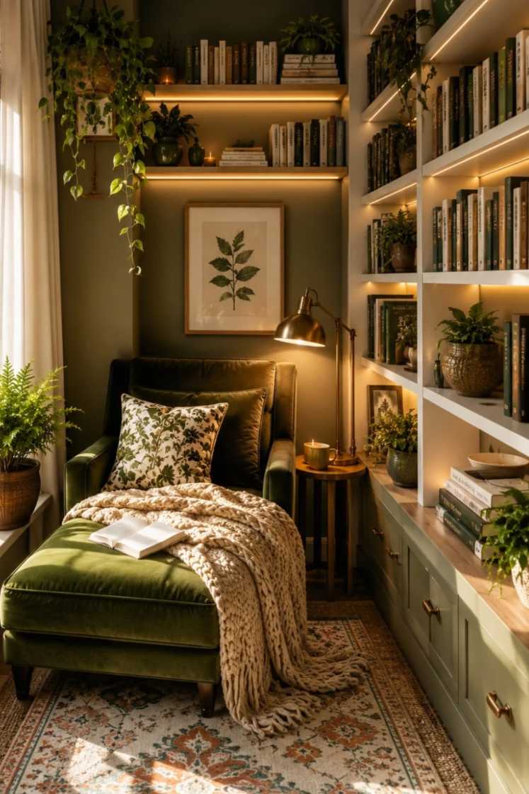 Green velvet daybed, backlit floating shelves, brass floor lamp, soft ivory walls, warm glow.