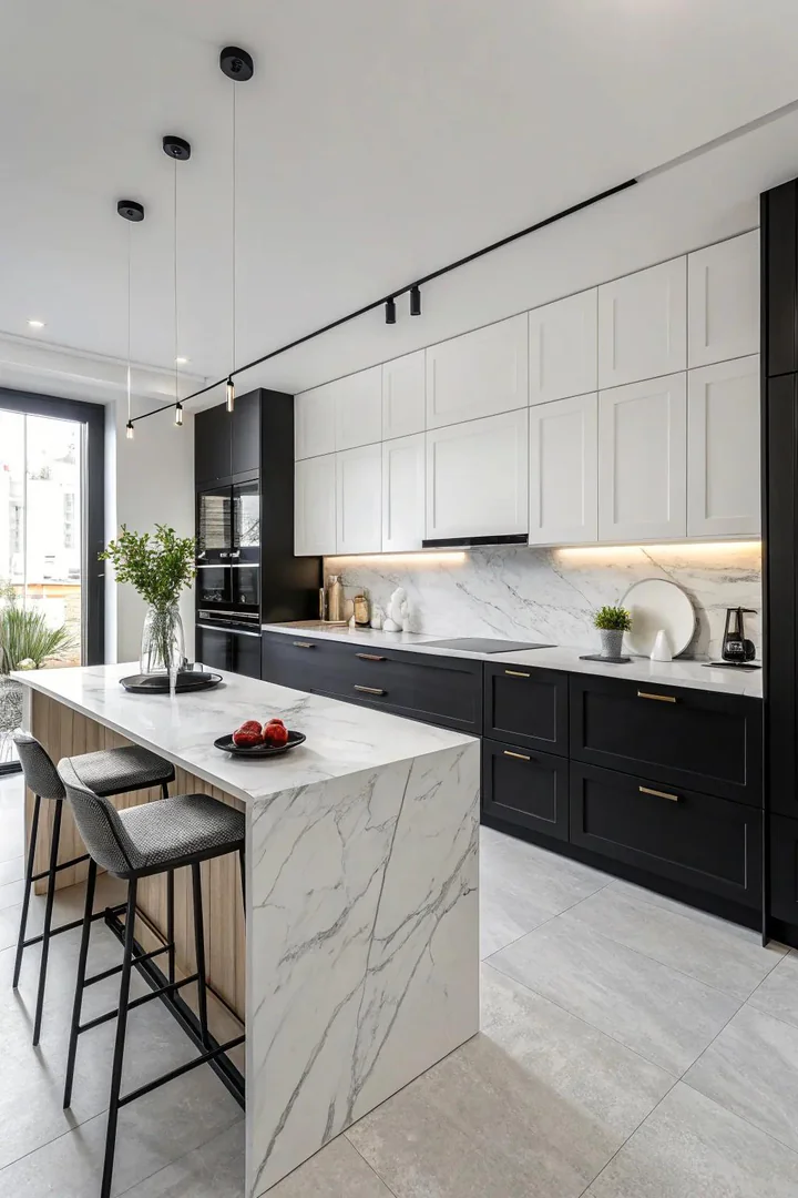 Kitchen view, classic black lower cabinets, white upper cabinets, marble countertop, chrome hardware