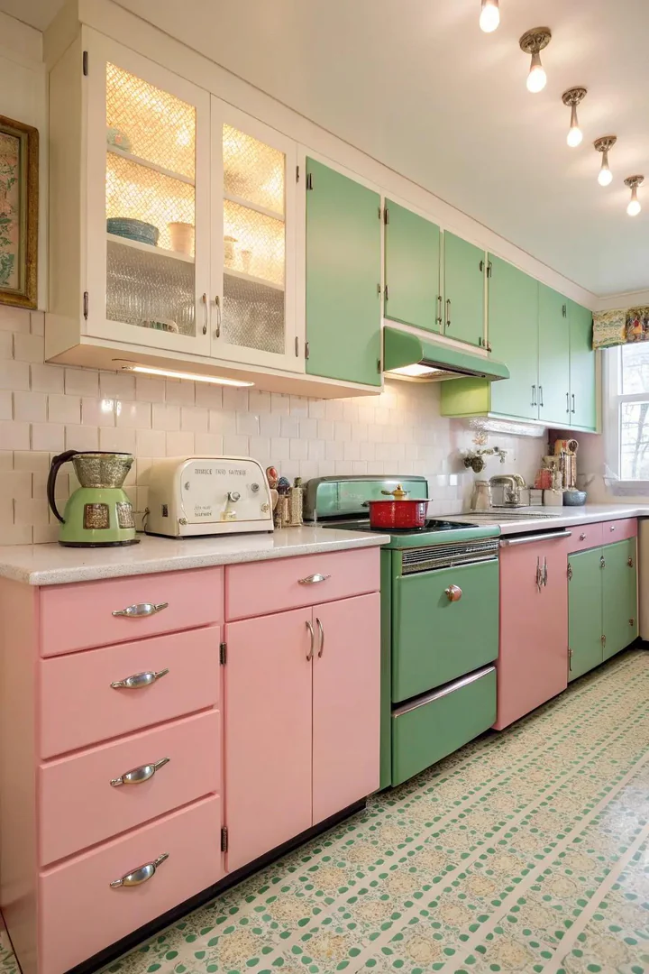 Kitchen interior, playful pink lower cabinets, mint green upper cabinets, glass backsplash, pendant lighting