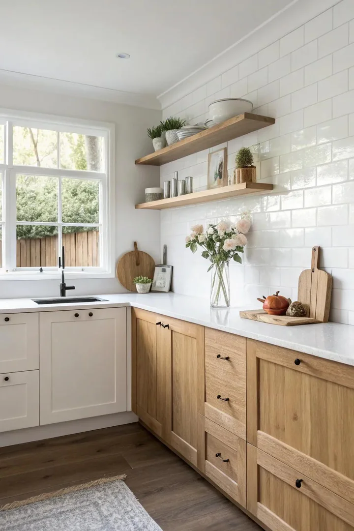Kitchen view, minimalist white lower cabinets, natural wood upper cabinets, concrete floor, soft lighting