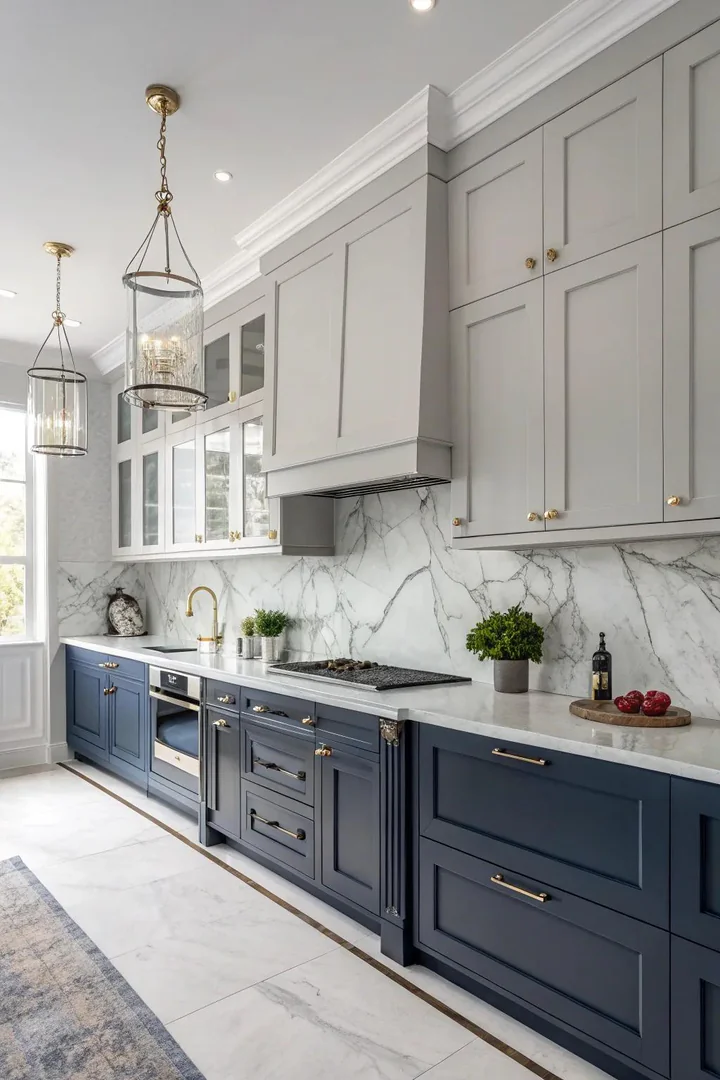 Kitchen interior, elegant gray lower cabinets, deep navy upper cabinets, brushed nickel hardware, natural light