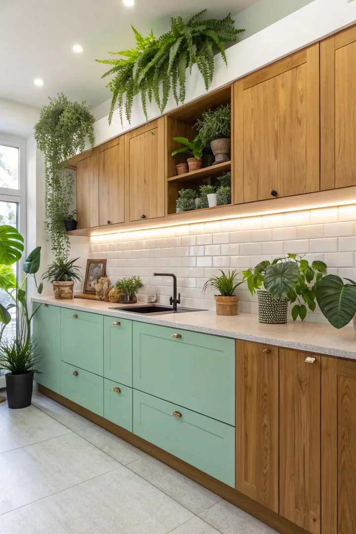 Kitchen design, fresh mint lower cabinets, light wood upper cabinets, glass backsplash, pendant lighting