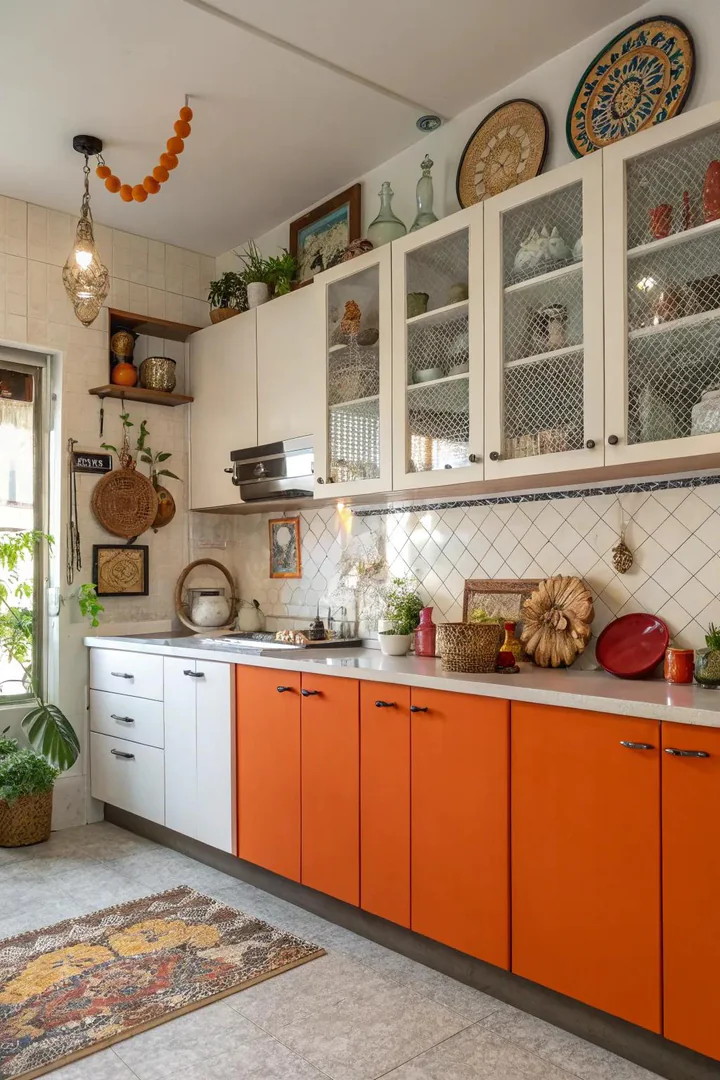 Kitchen interior, daring orange lower cabinets, crisp white upper cabinets, stainless steel appliances, bright lighting