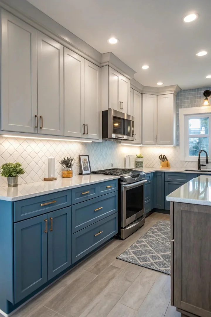 Kitchen view, cool blue lower cabinets, soft gray upper cabinets, glass countertop, natural lighting