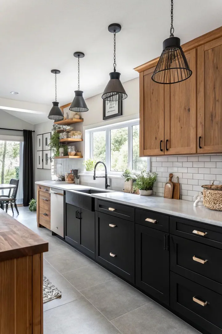 Kitchen interior, sophisticated black lower cabinets, natural wood upper cabinets, brass hardware, pendant lighting