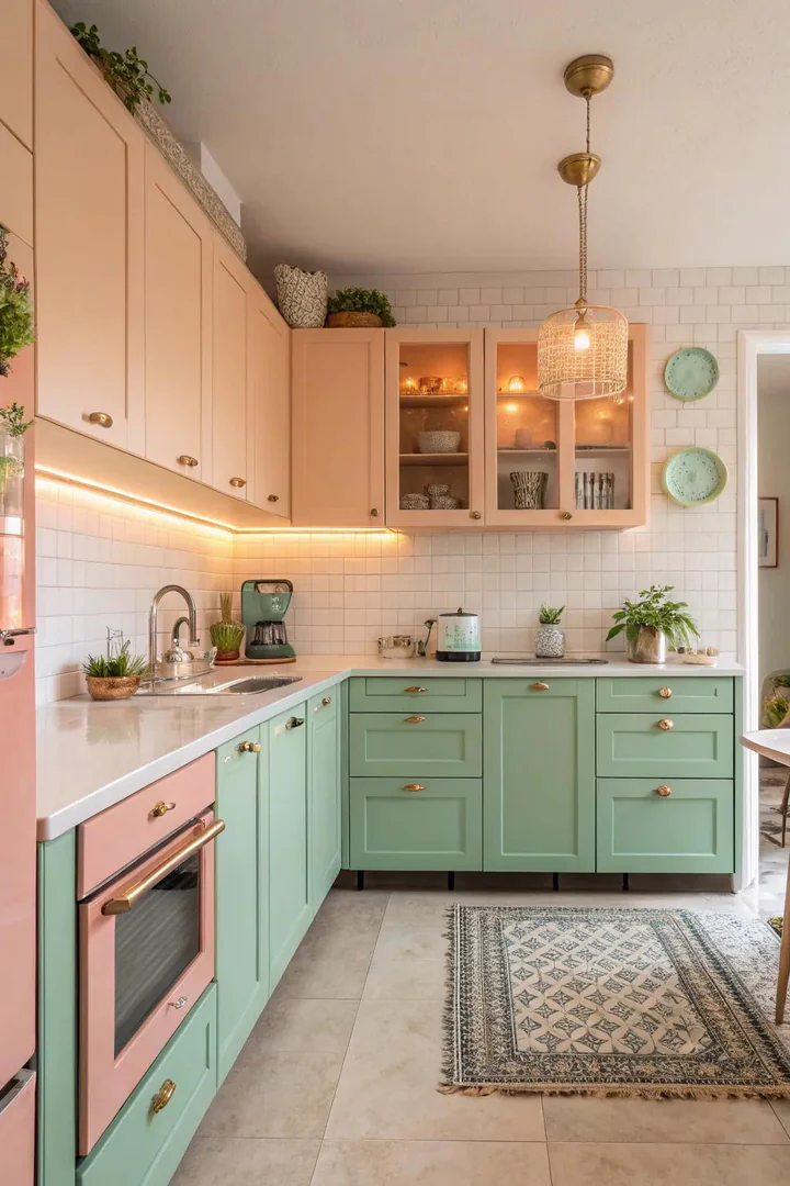 Kitchen design, soft peach lower cabinets, mint green upper cabinets, glass backsplash, soft lighting