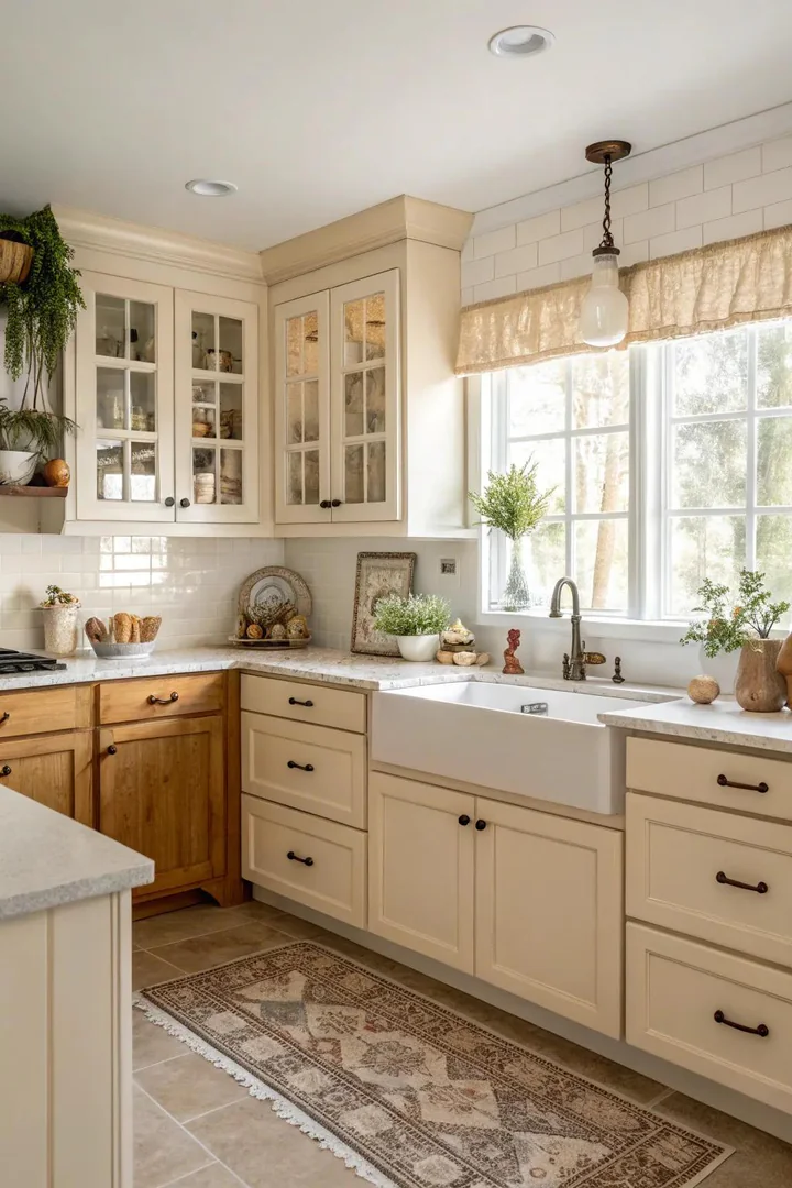 Kitchen interior, warm beige lower cabinets, bright white upper cabinets, stone countertop, natural light