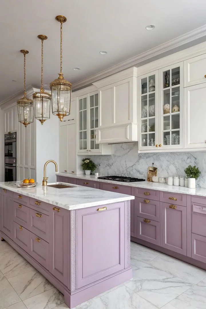 Kitchen view, elegant lilac lower cabinets, pristine white upper cabinets, glass backsplash, pendant lighting