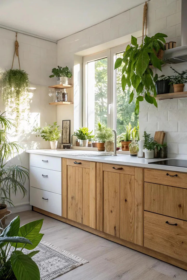 Kitchen interior, warm wood lower cabinets, crisp white upper cabinets, brushed gold hardware, natural light