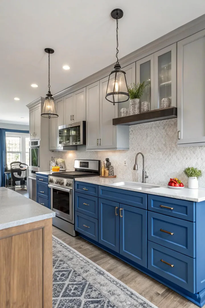 Kitchen interior, bold blue lower cabinets, cool gray upper cabinets, stainless steel appliances, bright lighting