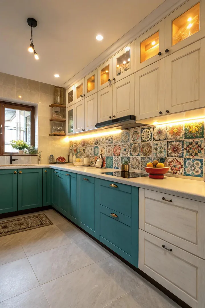 Kitchen design, teal lower cabinets, cream upper cabinets, copper pendant lights, stone countertop