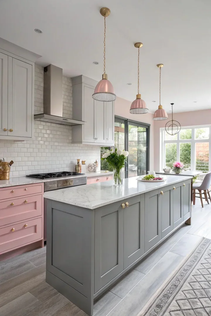 Kitchen interior, chic gray lower cabinets, soft pink upper cabinets, glass backsplash, pendant lighting