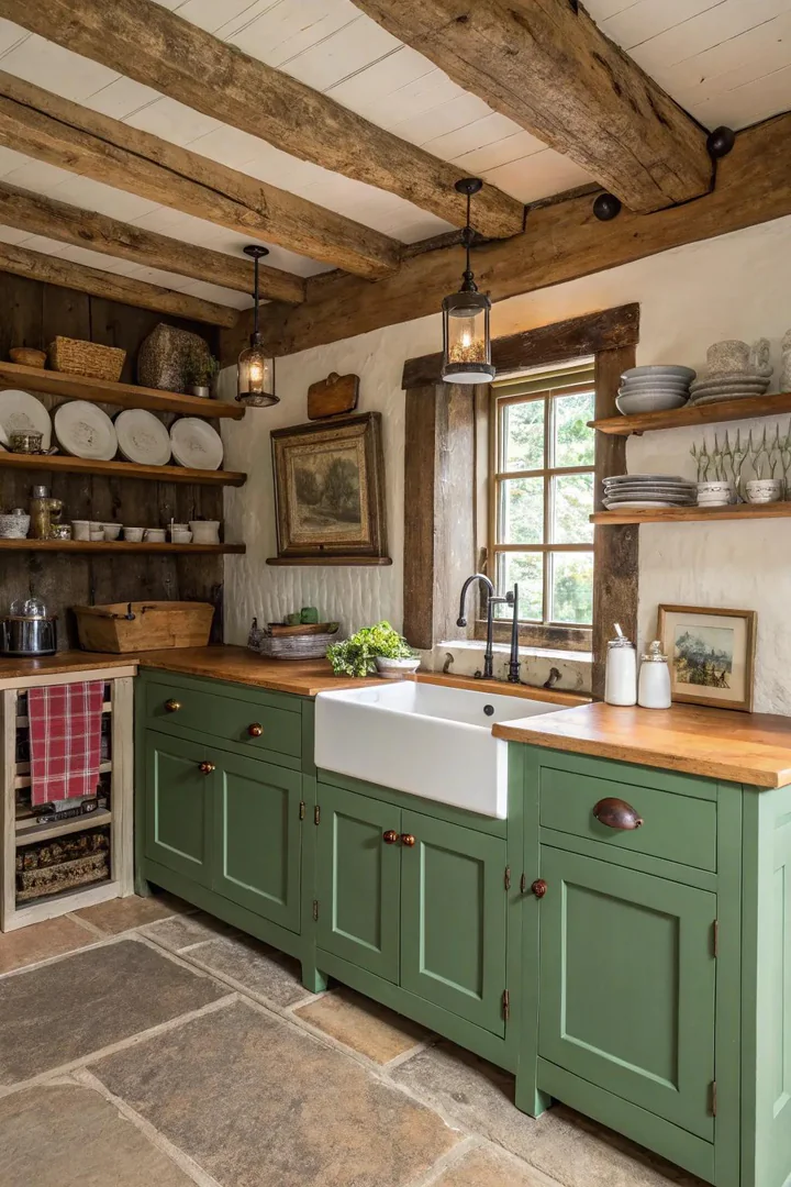 Kitchen scene, rustic green lower cabinets, reclaimed wood upper cabinets, wrought iron hardware, natural lighting
