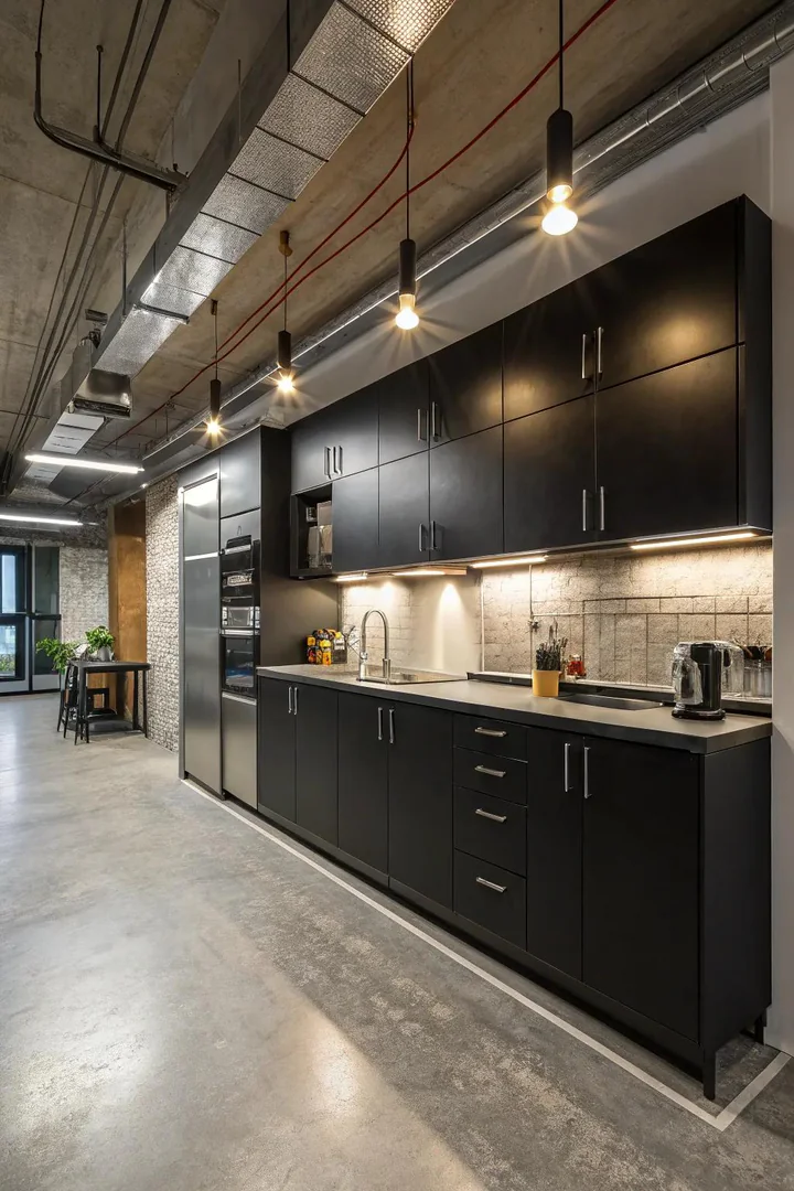 Kitchen interior, modern black lower cabinets, stainless steel upper cabinets, glass countertop, LED lighting
