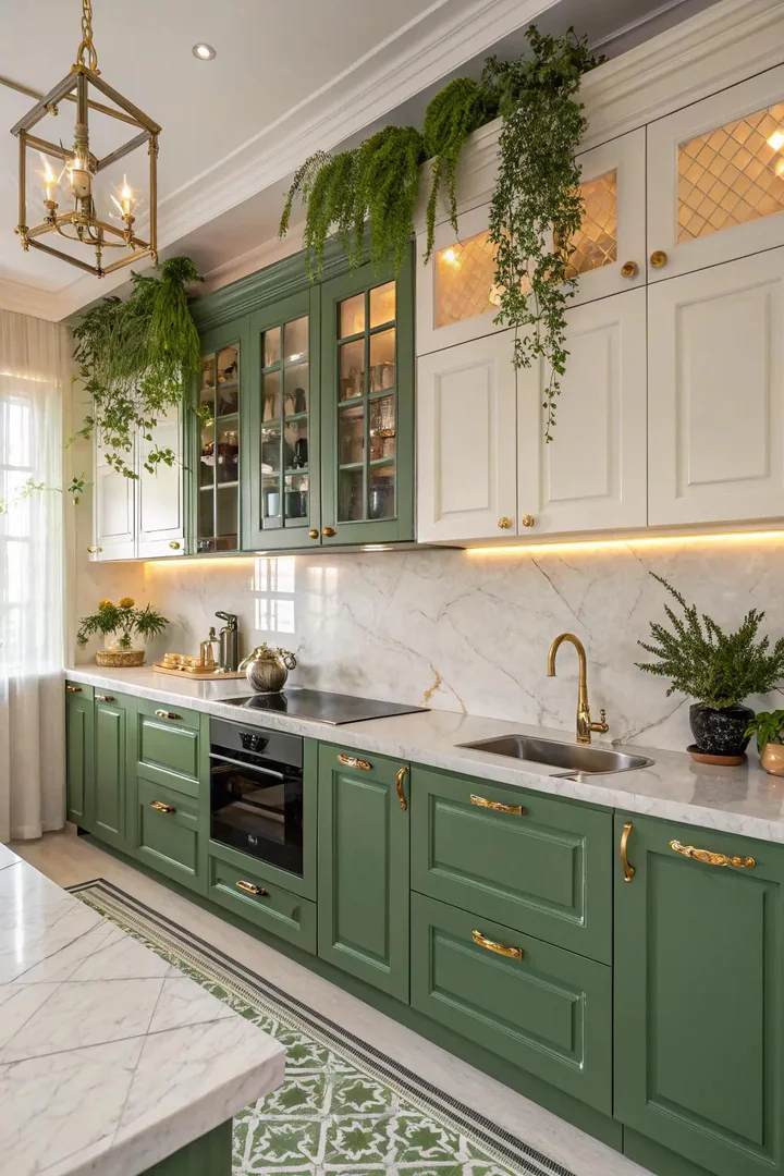 Kitchen view, earthy green lower cabinets, gold upper cabinets, marble backsplash, pendant lighting