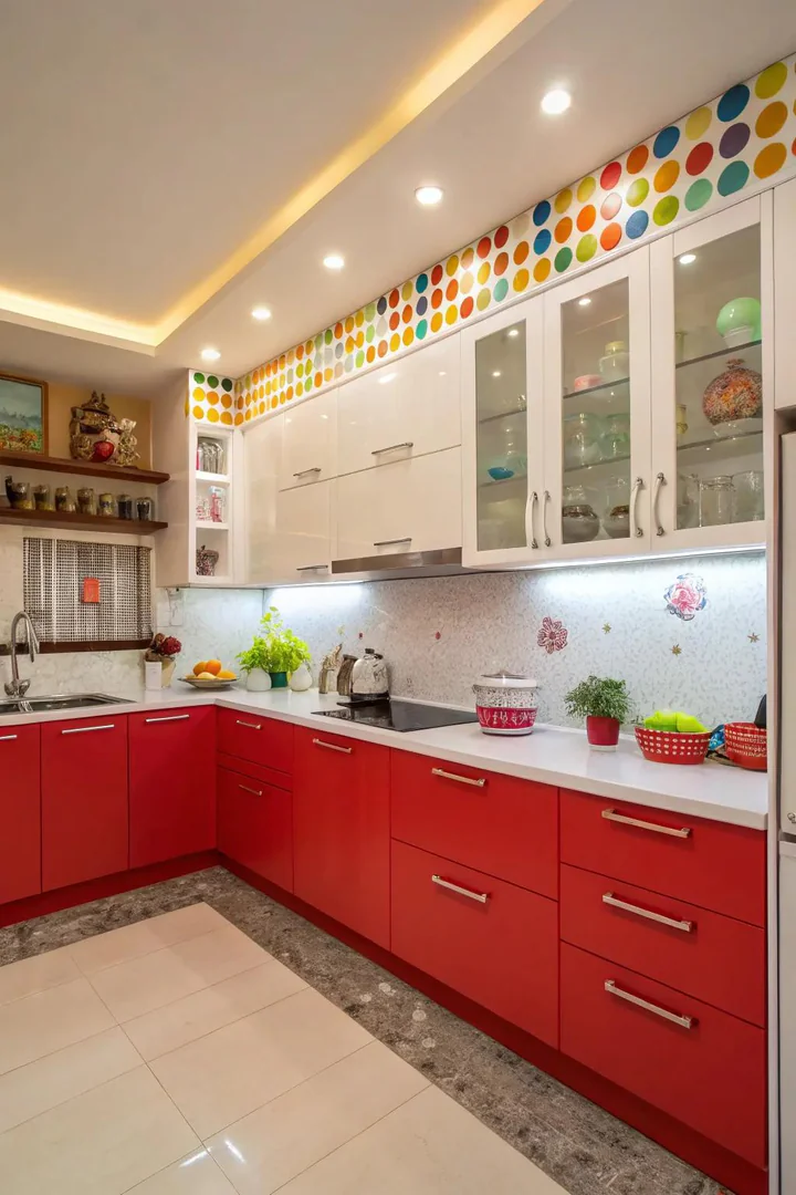 Kitchen interior, bold red lower cabinets, crisp white upper cabinets, stainless steel appliances, bright lighting
