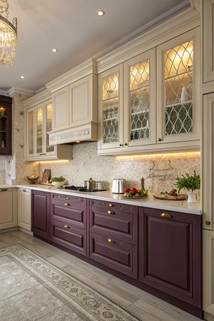 Kitchen design, sophisticated plum lower cabinets, cream upper cabinets, brass hardware, natural light