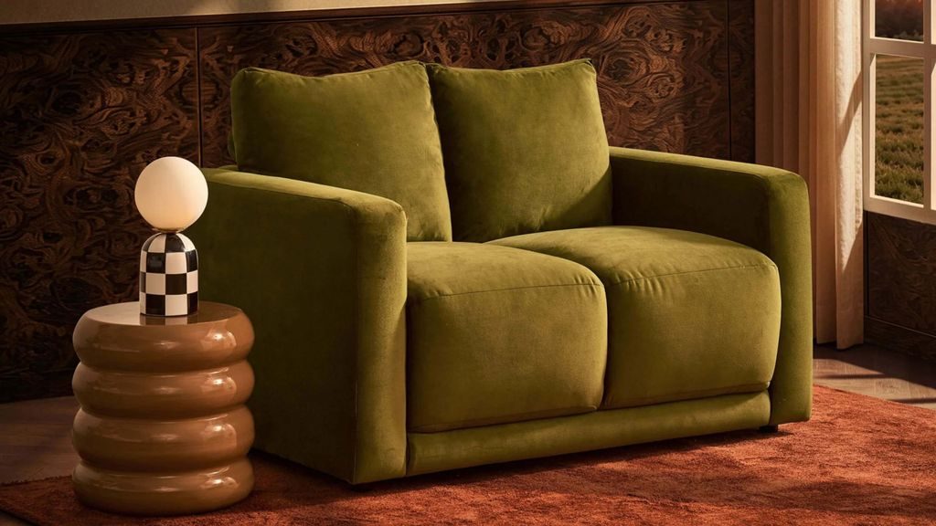Warm fireside living room nook with cozy accent chair, brass floor lamp, knitted throw.