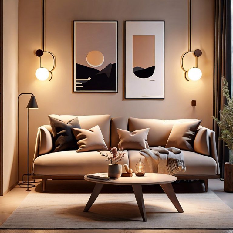 Minimalist Scandinavian small living room featuring an ash wood floating console and tailored grey sofa.