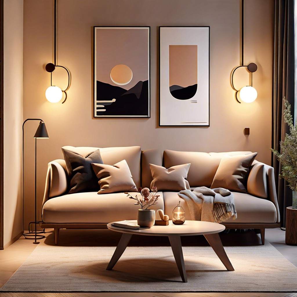 Small elegant living room displaying an antiqued grid mirror wall behind a chic cream settee.