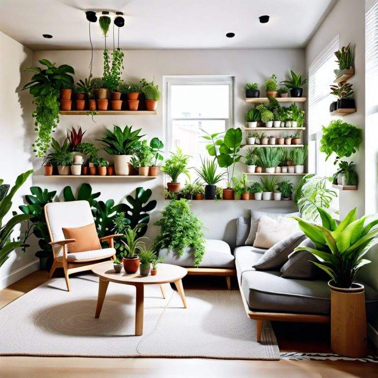 Cozy bohemian small living room with layered vintage rugs, rattan chair, and hanging indoor planters.