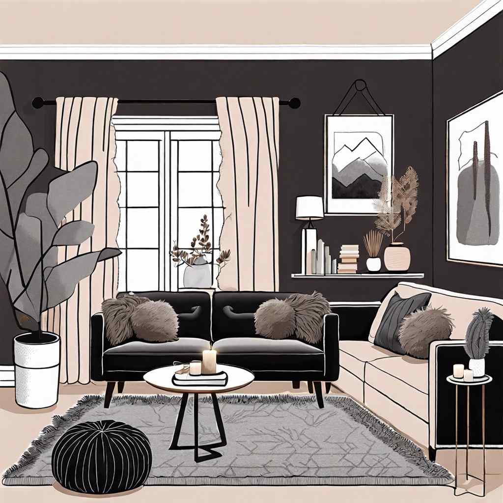 Industrial small living room with exposed brick wall, iron nesting tables, and charcoal modular loveseat.