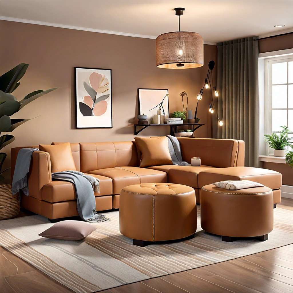 Compact studio living room displaying a folded wooden drop-leaf table used as a versatile sofa console.