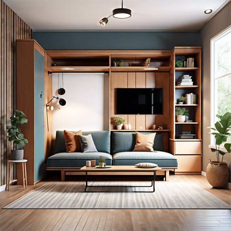 Japandi style small living room with low-profile futon sofa, tatami matting, and paper floor lantern.