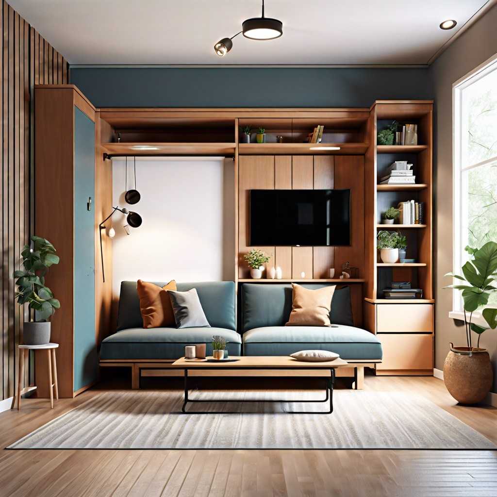 Small living room featuring a painted terracotta wall arch highlighting open floating wooden display shelves.