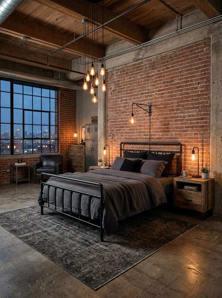 Industrial bedroom with black bed, cluster pendant lights, and night‑time window view.