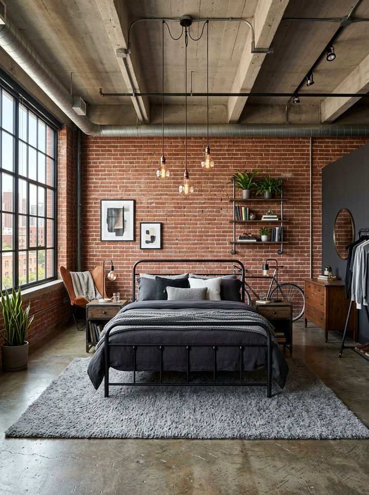 Industrial bedroom with black bed, Edison pendants, bicycle decor, and brick wall.