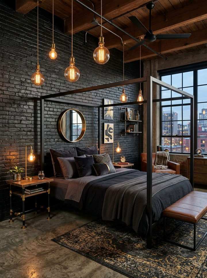 Industrial bedroom with black brick canopy bed, Edison globes, and dark décor.