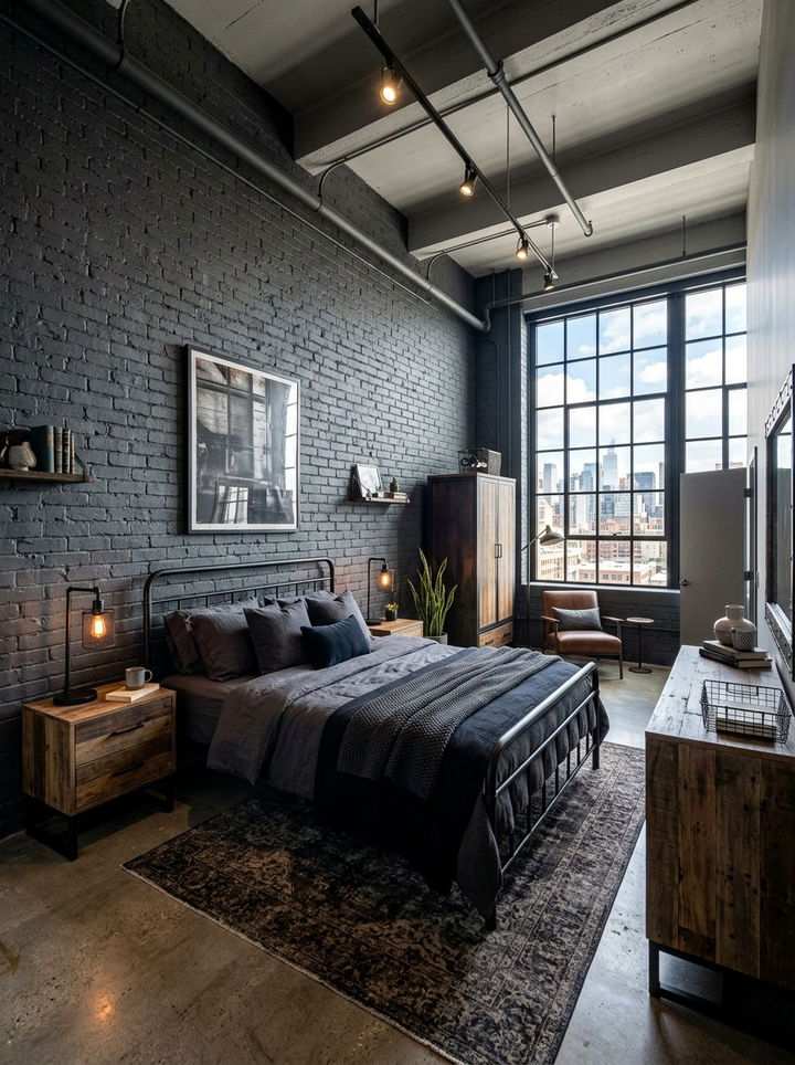 Industrial bedroom with black brick wall, dark bedding, and city window view.