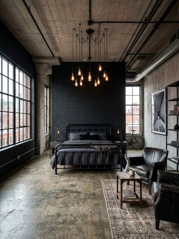 Industrial bedroom with black brick wall, Edison chandelier, and leather chairs.
